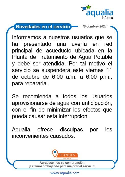 Suspensión temporal del servicio de acueducto en Flandes